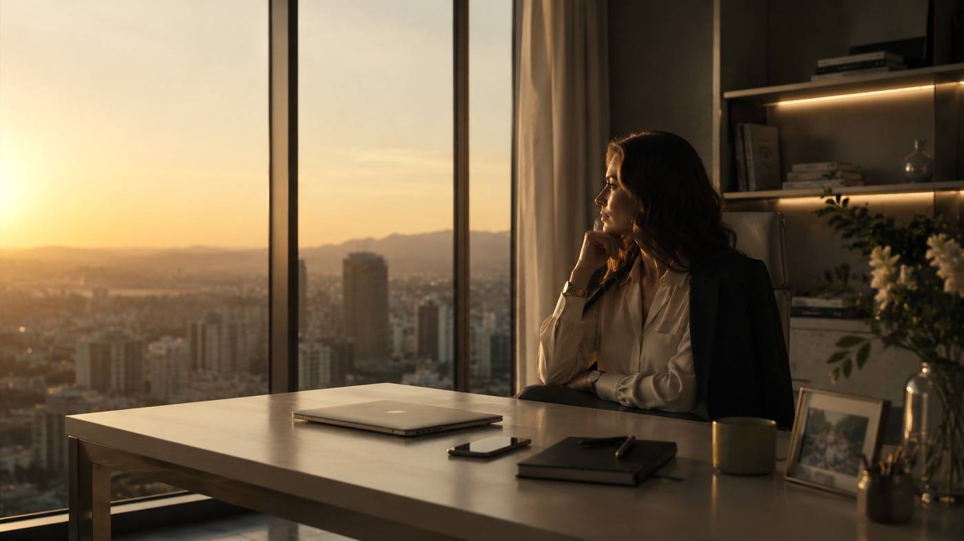 Una mujer sentada a su escritorio mira por el ventanal de una oficina al atardecer.