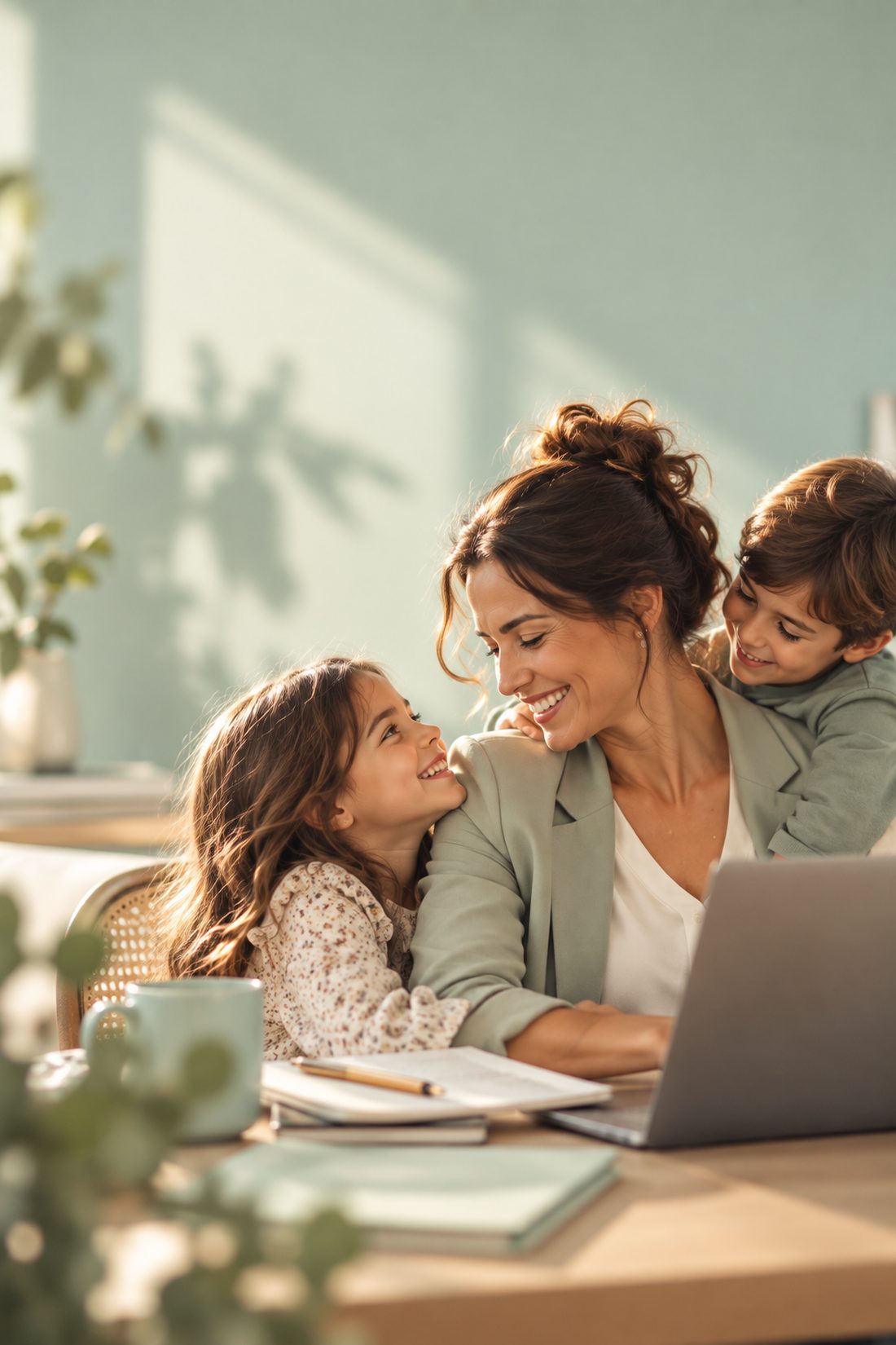 Una mujer conversa con sus dos hijos en el sofá de su casa, con luz de tarde.